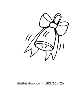 Campana con una proa de cinta. Vector. Doodle. Fondo blanco aislado.