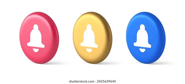 Bell ring audio sound button signal push reminder cyberspace web interface notification 3d realistic blue gold and pink icons. Handbell alert incoming internet call message music element