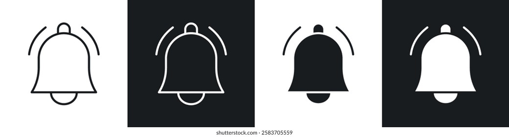 Bell ring icons collection in black and white filled and line versions