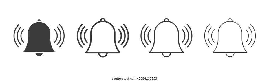 Bell ring icons set. Liner outlined and flat black color