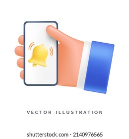 Sonido de timbre, llamada por mensaje o teléfono, teléfono en la mano del usuario, estilo 3d para diseño gráfico. Mano con teléfono en estilo de historietas de dibujos vectoriales.