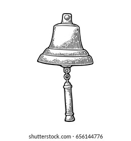 Bell from sailing ship isolated on white background. Vector vintage engraving illustration for tattoo, web and label. Hand drawn in a graphic style.
