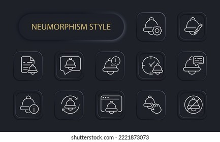 Bell set icon. Alarm clock, reminder, file, event scheduling, setting, notification, allert, restart, ringtone, silent mode, important notice, time management. Punctuality concept. Neomorphism style.