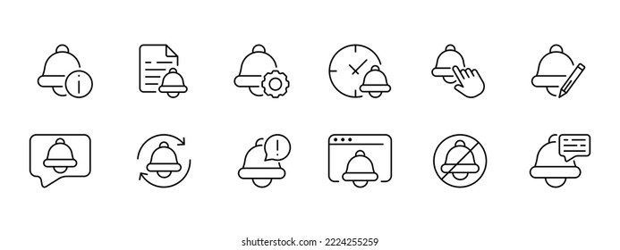 Bell set icon. Alarm clock, reminder, file, event scheduling, setting, notification, allert, restart, ringtone, silent mode, important notice, time management. Punctuality. Vector black set line icon