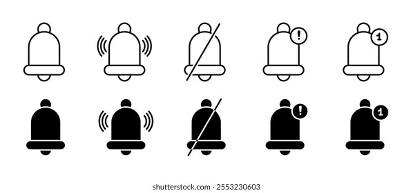 Ícones do conjunto de campainha. Ícones de notificação. Estilo linear e silhueta. Ícones de vetor.