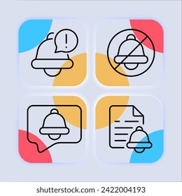 Bell set line icon. Alarm clock, morning, ringing, sleep, clock, bell, getting up, work, time, arrow, school. Glassmorphism style. Vector line icon for business and advertising