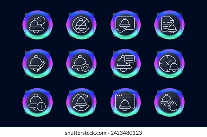 Bell set line icon. Alarm clock, morning, ringing, sleep, clock, bell, getting up, work, time, arrow, school. Glassmorphism style. Vector line icon for business and advertising