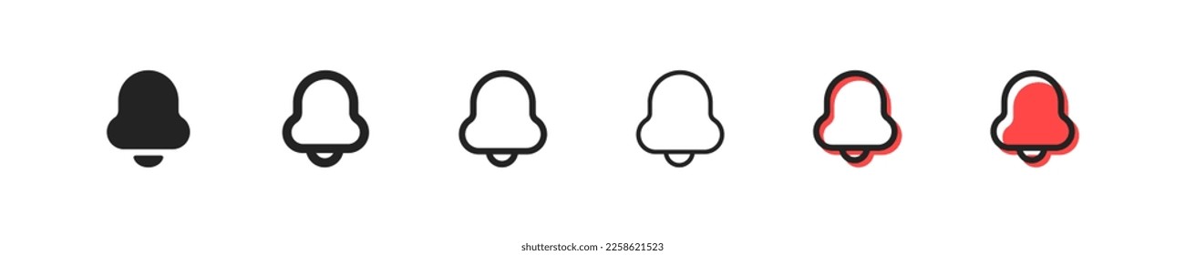 Bell set of six icons in different styles. Notification, alert, ringing, draw attention, announcement, application, yuudilnik, message. Information concept. Set of vector icons isolated