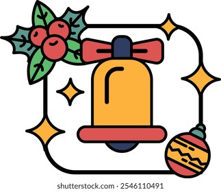 A bell is shown in a Christmas themed drawing. The bell is surrounded by a red and green leafy border. The drawing is colorful and festive, with a bright and cheerful mood