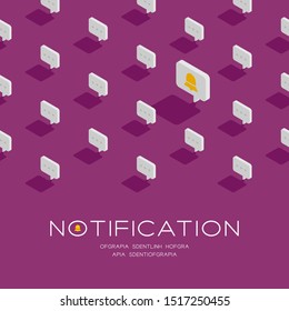 Bell sign in speech bubble message 3D isometric pattern, Notification alert concept poster and social banner post square design illustration isolated on purple background with copy space, vector