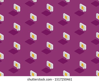 Bell sign in speech bubble message 3D isometric seamless pattern, Notification alert concept design illustration isolated on purple background with copy space, vector eps 10