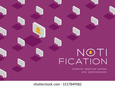 Bell sign in speech bubble message 3D isometric pattern, Notification alert concept poster and social banner post horizontal design illustration isolated on purple background with copy space, vector