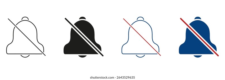 Campainha Com Linha De Barra E Conjunto De Ícones Sólidos. Notificação Desativada, Modo Silencioso E Conjunto De Símbolos De Silhueta De Alerta Sem Som. Controle De Som E Gerenciamento De Alertas. Ilustração de vetor isolada.