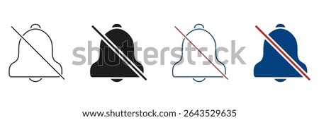 Bell With Slash Line And Solid Icon Set. Notification Off, Silent Mode, And Mute Alert Silhouette Symbol Collection. Sound Control And Alert Management. Isolated Vector Illustration.