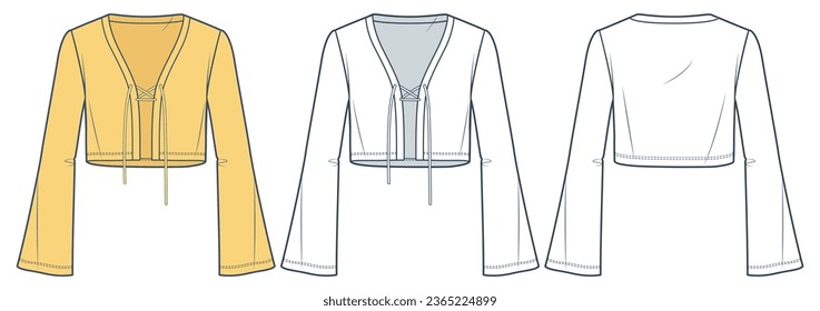 Bell Sleeve Cardigan technical fashion illustration. Crop Top fashion flat technical drawing template, v neck, lace-up, front and back view, white, yellow, women, men, unisex CAD mockup set.