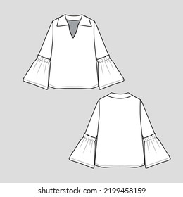 Bell Sleeve Collar Neck t shirt top Long Ruffles Sleeve blouse Fashion flat sketch template drawing design