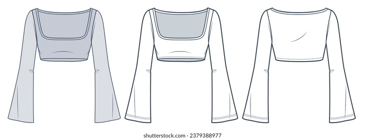 Ilustración de moda técnica superior Bell Sleeve Crop Top. Mesh Shirt de moda planas de dibujo técnico, cuello cuadrado, ajuste delgado, vista frontal y trasera, blanco, gris, maquillaje CAD de mujeres.