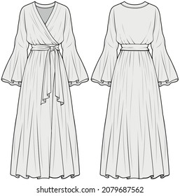 Bell Sleeve Crossover Maxi Dress With Tie, Trumpet Sleeve Overlap Dress, Abaya, Modesty Dress. Front and Back View. Fashion Illustration, Vector, CAD, Technical Drawing, Flat Drawing.