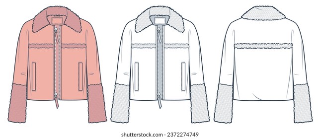 Ilustración técnica de la chaqueta de la manga de Bell. Chaqueta de cuero Bomber moda planas de dibujo técnico, bolsillo, cremallera, piel falsa, vista frontal y trasera, blanco, mujeres, hombres, maquillaje CAD unisex.