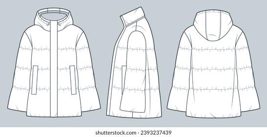 Bell Sleeve Puffer Jacket technical fashion Illustration. Hooded down Jacket fashion flat technical drawing template, pocket, front, side, back view, white, women, men, unisex Outerwear CAD mockup set svg