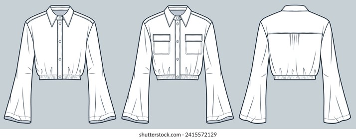 Bell Sleeve Shirt technical fashion Illustration. Cropped Shirt fashion technical drawing template, button-up, elastic waistband, pocket, front, back view, white, women, men, unisex CAD mockup set.