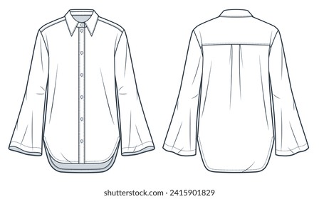 Bell Sleeve Shirt technical fashion Illustration. Classic Shirt fashion flat technical drawing template, button down, collar, relaxed fit, front  and back view, white, women, men, unisex CAD mockup. 
