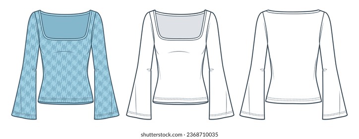 Bell Sleeved Top technical fashion illustration. Long Sleeve Tee Shirt fashion technical drawing template, square neck, slim fit, houndstooth pattern, front, back view, white, blue, women CAD mockup.