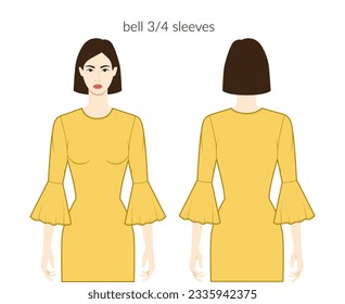 Bell sleeves clothes character beautiful lady in yellow top, shirt, dress technical fashion illustration with 3-4 bracelet length. Flat apparel template front, back sides. Women, men unisex CAD mockup