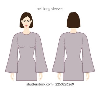 Bell sleeves cornet long length clothes lady in dresses, tops, shirts technical fashion illustration with fitted body. Flat apparel template front, back sides. Women, men unisex CAD mockup