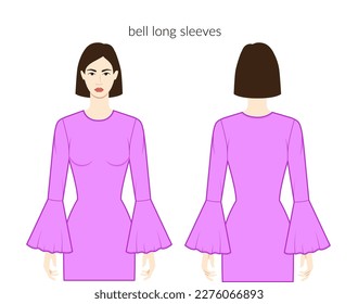 Bell sleeves long length clothes character lady in purple dress, top, shirt technical fashion illustration with fitted body. Flat apparel template front, back sides. Women, men unisex CAD mockup