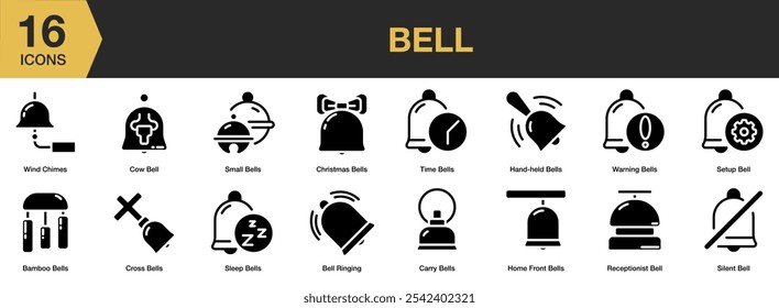 Conjunto de ícones sólidos da campainha. Inclui sinos de vento, tempo, pequeno, recepcionista, sino de vaca e Mais. Coleção vetorial de ícones sólidos.