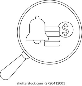 Una campana y una pila de monedas con un signo de dólar están dentro de una lupa