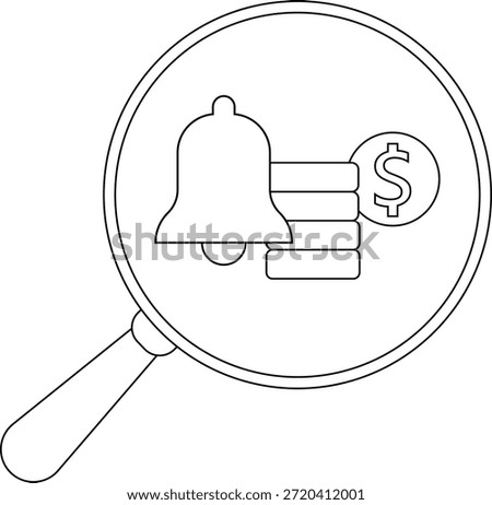 A bell and stack of coins with a dollar sign are inside a magnifying glass