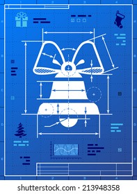 Bell symbol like blueprint drawing. Stylized drafting of bell sign on blueprint paper. Qualitative vector illustration for new year's day, christmas, winter holiday, new year's eve, silvester, etc