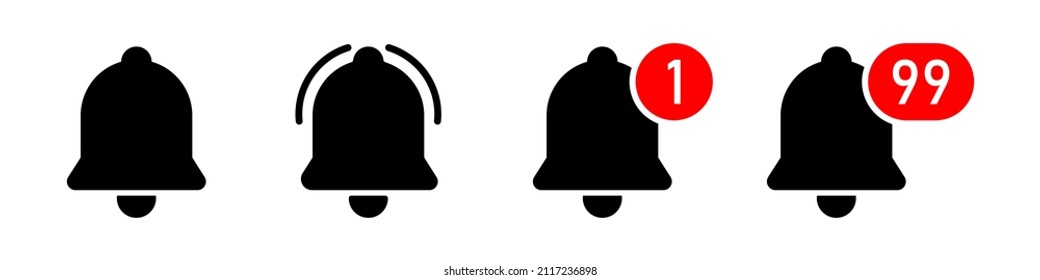 Bell symbols for web, app, ui. Notification bell icons. Ringing bells. Incoming inbox message. Alarm symbol. Vector illustration isolated on white background. EPS 10