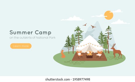 Bell tent with terrace, fire pit and lounge chairs. Concept of summer camp, glamping in forest. Mountains on background, wild animals fox and deer walking in parkland. Vacation, recreation banner.