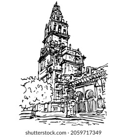 Bell tower of Mosque–Cathedral of Córdoba or Cordova in Spain. Cathedral of Our Lady of the Assumption. Vintage urban view. Architectural illustration. Hand drawn sketch. Black and white silhouette.