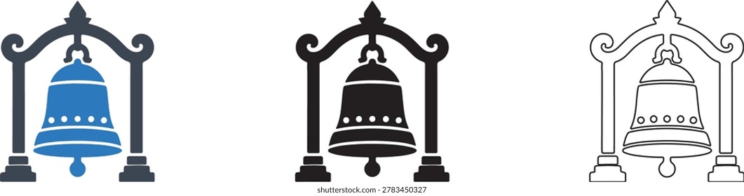 Bell tower icon 3 icon concepts colour icon, solid icon, and line art transparent png church bell landmark editable vector eps collection