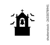 Bell Tower at Night with Bats Flying Around for Halloween or Spooky Theme