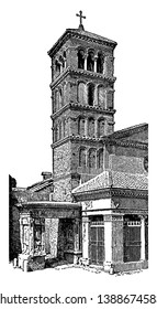 Bell Tower refer to a free standing bell tower, bells and the ringers rather than the complete tower, heard at a distance, vintage line drawing or engraving illustration.