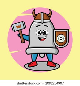 Bell viking pirate character cartoon with hat and holding hammer and shield in cute style design for t-shirt, sticker, logo element, poster