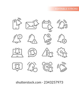 Bell warning and notification line vector icons. Alert, alarm and reminder bells outline icon set.