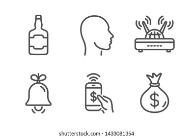 Bell, Whiskey bottle and Head icons simple set. Phone payment, Wifi and Money bag signs. Alarm signal, Scotch alcohol. Business set. Line bell icon. Editable stroke. Vector