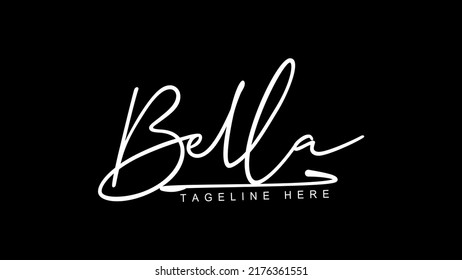 Bella handwritten name logotype signature.Manual identity autograph signature sign.White Signature For Document On black Background.Isolated hand drawn name logo design.