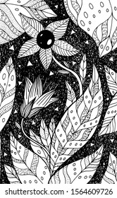 Belladonna - flower illustration. Black and white ink floral drawing. Coloring book for adults. Line art. Vector artwork.