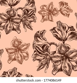 Belladonna flower-Seamless texture on the beige background. Hand-painted Exotic flowers. Medical Herbs. 