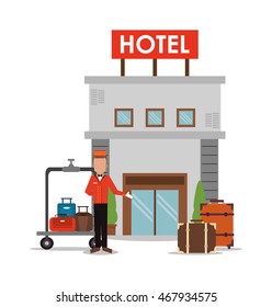 bellboy baggage luggage building hotel service icon. Colorfull and flat illustration, vector