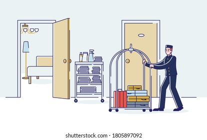 Bellboy carrying luggage on cart. Hotel porter in uniform with visitor baggage in hotel corridor. Cartoon male bellman on work. Professional hotel staff concept. Linear vector illustration