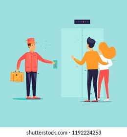 Bellboy causes elevator. Flat design vector illustration