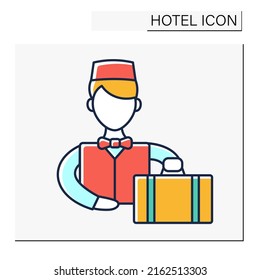 Bellboy Color Icon. Worker In Hotel Hall. Person Employed To Carry Suitcases, Open Doors For Guests. Services To Help Guests. Hotel Concept. Isolated Vector Illustration